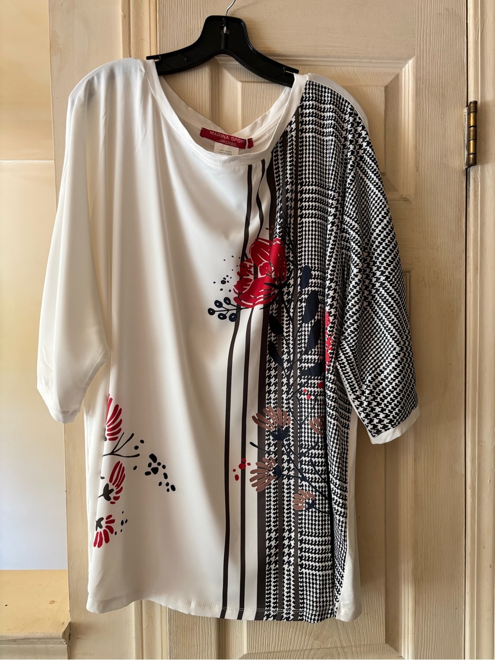 Marina Rinaldi White Blouse with Black Houndstooth and Red Floral Accents